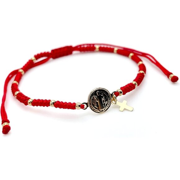 St Benedict Medal Red String Adjustable Cord Bracelet with Gold Charm and Cross - Picture 6 of 6